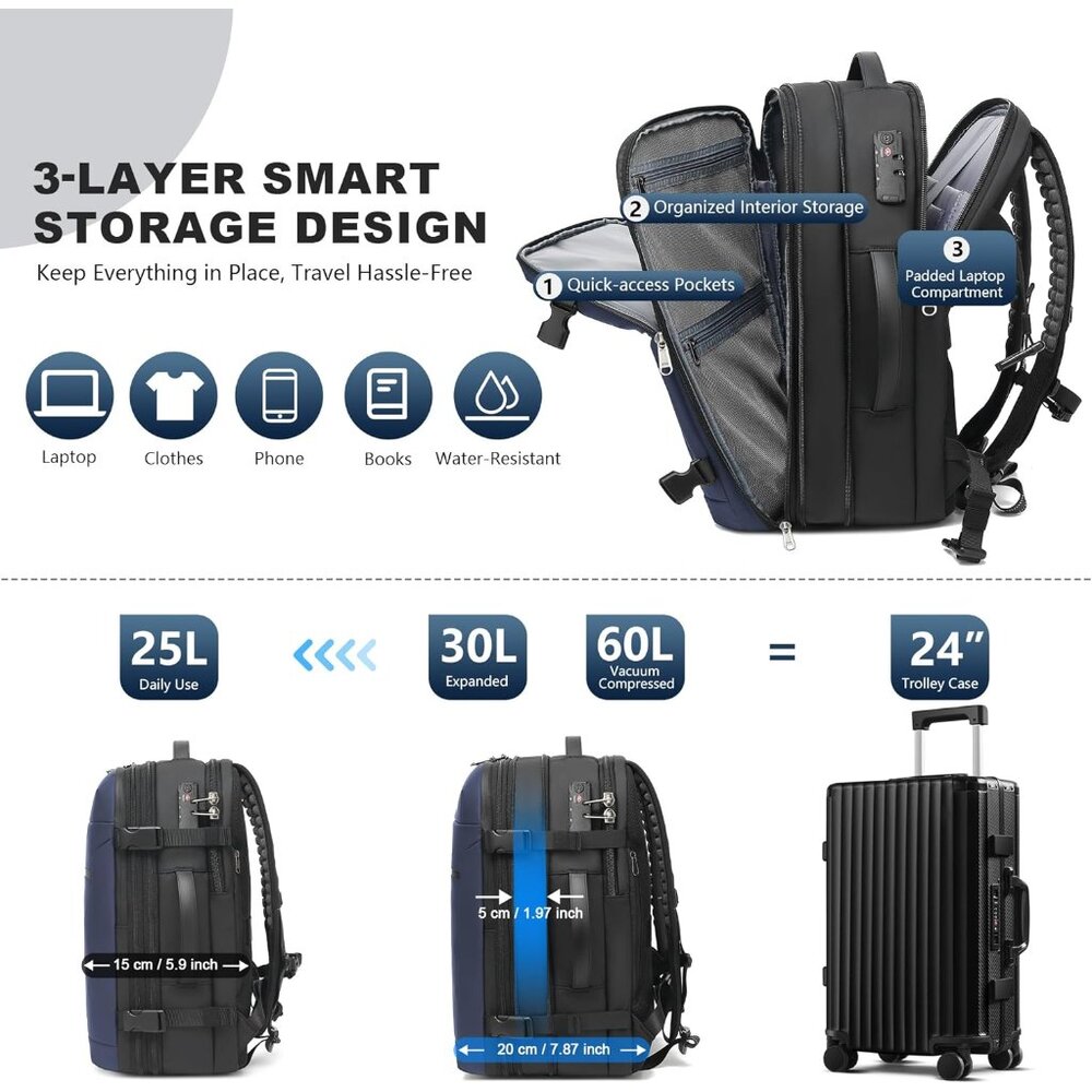 Ergonomic Compression Backpack For Travel - Navy … - image 5